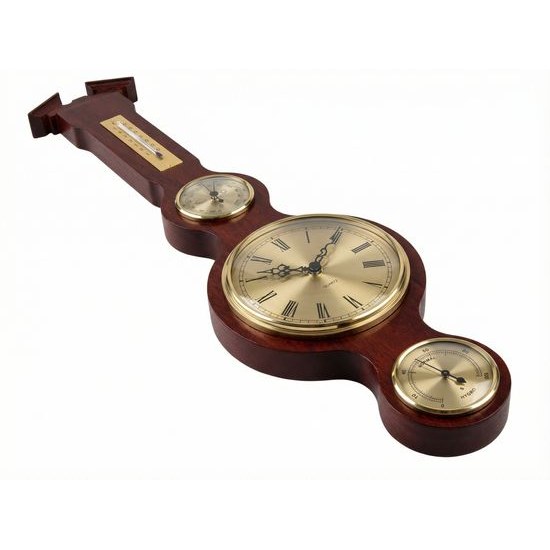 Barometr s teploměrem vlhkoměrem a hodinami na dřevěné podložce B204981