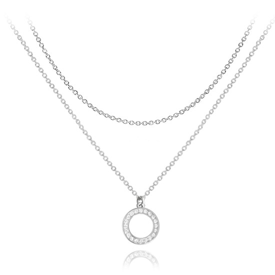 MINET Dvojitý stříbrný náhrdelník KROUŽEK s bílými zirkony