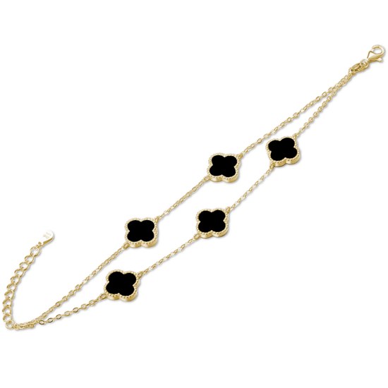 MINET Pozlacený stříbrný náramek čtyřlístky s onyxem