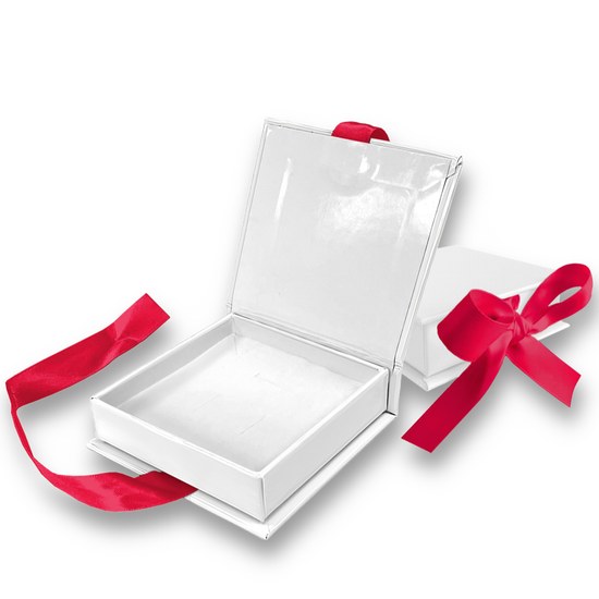 MINET Bílá magnetická krabička na šperky s tmavě růžovou stuhou - 8 x 8 x 2,5 cm