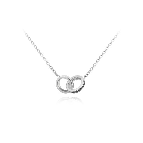 MINET Stříbrný náhrdelník spojené kroužky s černými zirkony