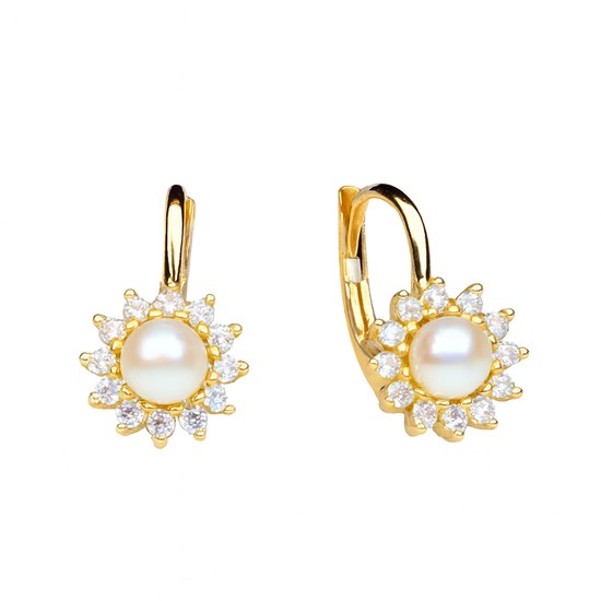 Zlaté 585/1000 náušnice s perlou a se zirkony - klapkové TU-3029