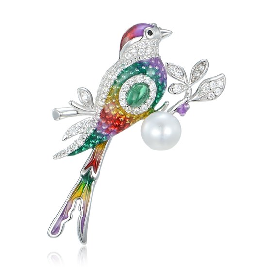 MINET Stříbrná brož barevný ptáček s přírodní perlou