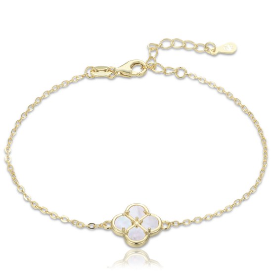 MINET Pozlacený stříbrný náramek čtyřlístek s bílou perletí