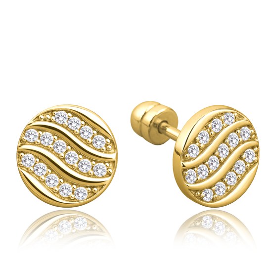 MINET Elegantní zlaté náušnice kolečka na šroubek s bílými zirkony Au 585/1000 1,60g