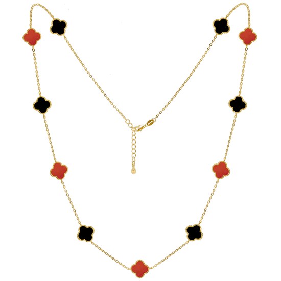 MINET Pozlacený stříbrný náhrdelník ČTYŘLÍSTKY s červeným achátem a onyxem Ag 925/1000 12,80g