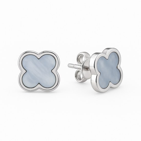 Zlaté náušnice z bílého zlata čtyřlístek s perletí puzetové