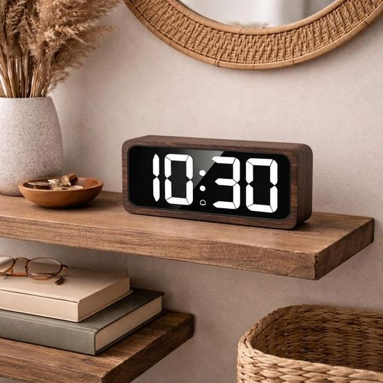 JVD SB3210.2 - Stále svítící digitální hodiny v dřevěném rámu včetně síťového adaptéru