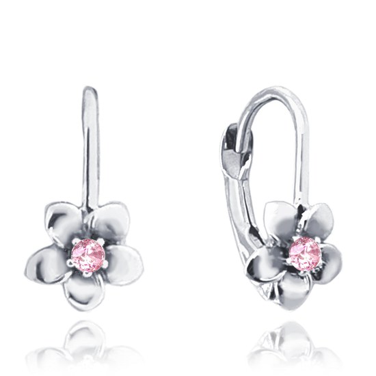 MINET Dětské náušnice kytičky z bílého zlata s růžovými zirkony Au 585/1000 1,20g