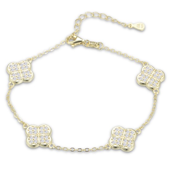 MINET Pozlacený stříbrný náramek čtyřlístky s bílými zirkony