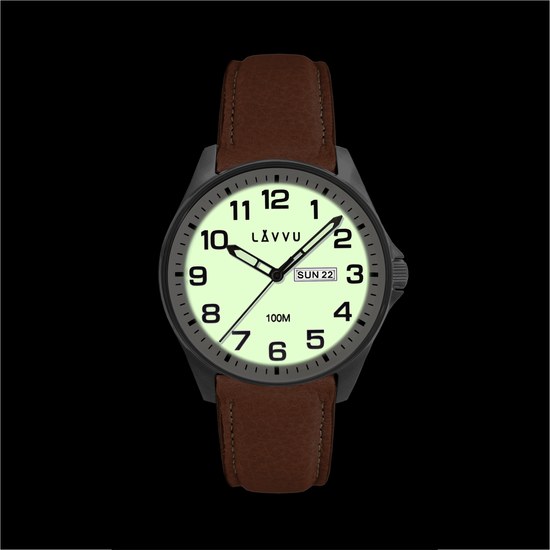 LAVVU Ocelové pánské hodinky BERGEN White / Top Grain Leather se svítícím číselníkem