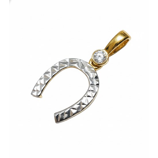 Zlatý 585/1000 přívěsek Podkova s gravírováním z bílého zlata a se zirkonem