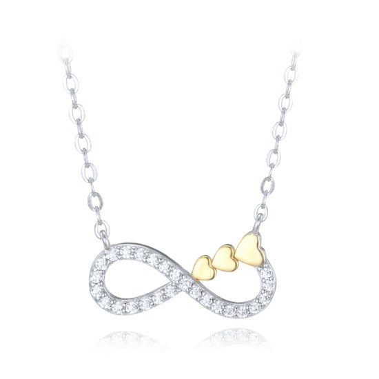 MINET Stříbrný náhrdelník nekonečno s pozlacenými srdíčky a bílými zirkony