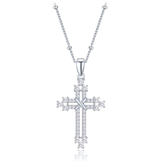 MINET Stříbrný náhrdelník křížek se zirkony a řetízek s kuličkami