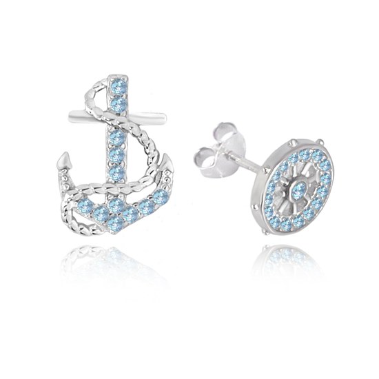 MINET Letní stříbrné náušnice KORMIDLO a KOTVA s modrými zirkony
