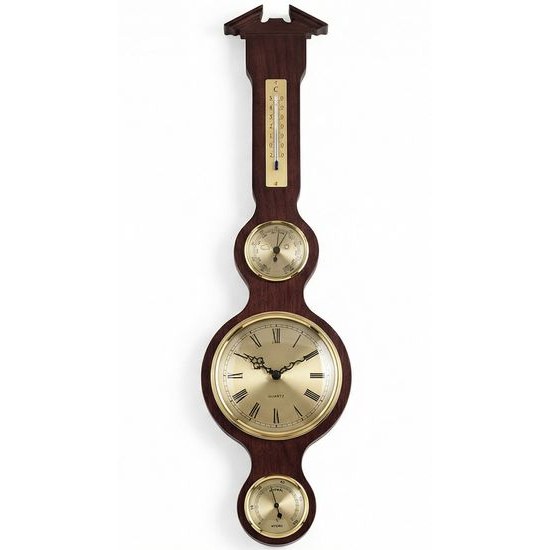 Barometr s teploměrem vlhkoměrem a hodinami na dřevěné podložce B204981