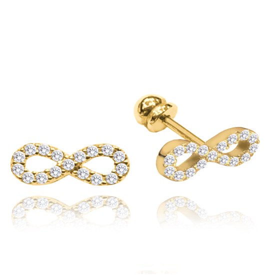 MINET Zlaté náušnice nekonečna na šroubek s bílými zirkony Au 585/1000 1,25g