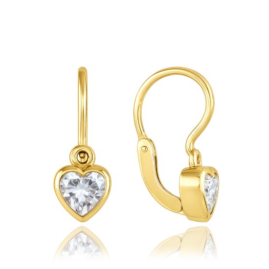 MINET Dětské zlaté náušnice s předním zapínáním srdíčka s bílými zirkony Au 585/1000 1,15g
