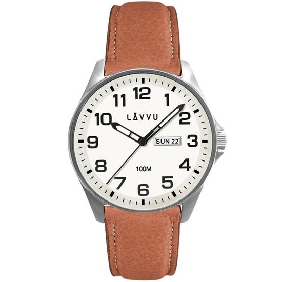 LAVVU Ocelové pánské hodinky BERGEN White / Top Grain Leather se svítícím číselníkem