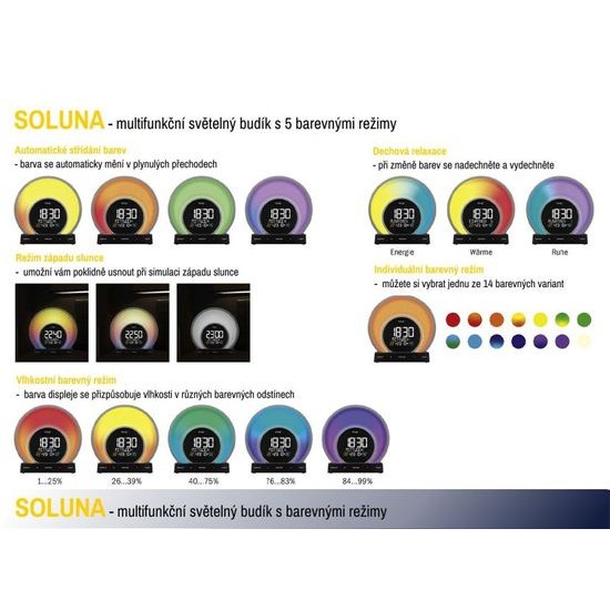 TFA 60.2026.01 - Digitální budík s barevným podsvícením, teplotou a vlhkostí SOLUNA