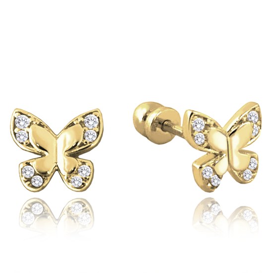 MINET Zlaté náušnice na šroubek motýlek s bílými zirkony Au 585/1000 1,55g