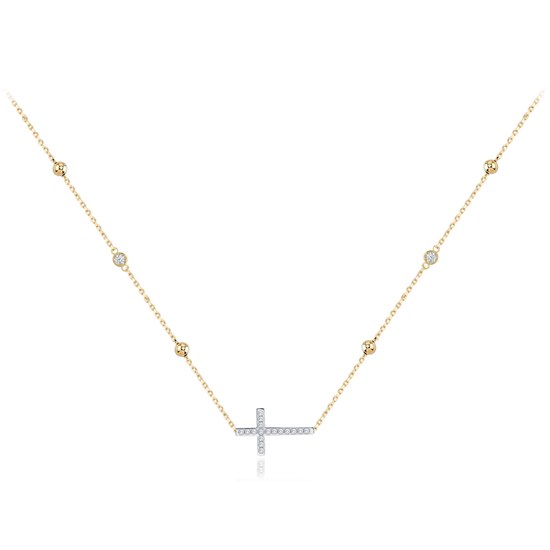 MINET Zlatý náhrdelník křížek s bílými zirkony a kuličkami Au 585/1000 3,90g