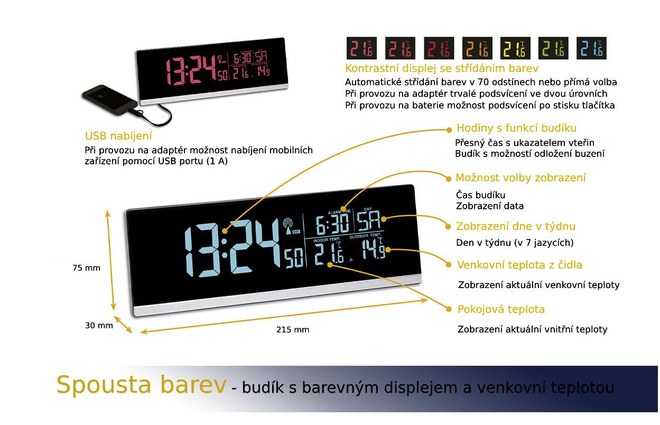 Rádiově řízený budík TFA 60.2548.01 s barevným displejem a USB výstupem