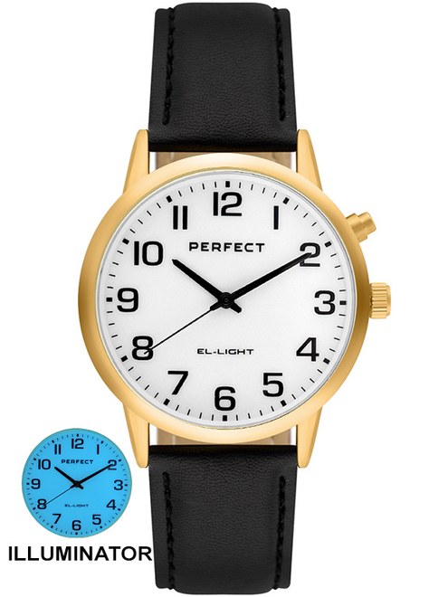 PERFECT PÁNSKÝ PÁSEK EL001W-04 ZLATÝ KRYT, BÍLÝ ČÍSELNÍK, ČERNÝ PÁSEK, ILLUMINATOR