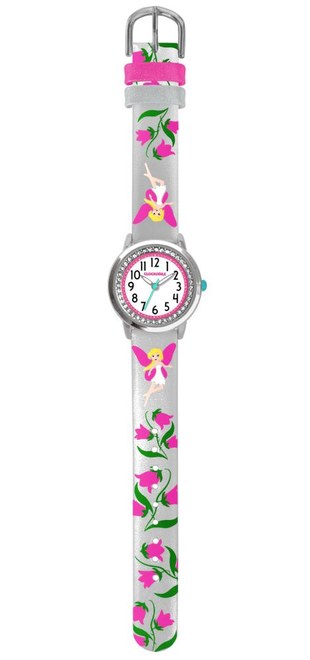 CLOCKODILE Stříbrné třpytivé dívčí dětské hodinky s růžovými vílami FAIRIES CWG5084