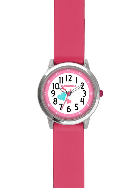 CLOCKODILE Růžové dívčí dětské hodinky se srdíčky a tmavě růžovým silikonovým řemínkem