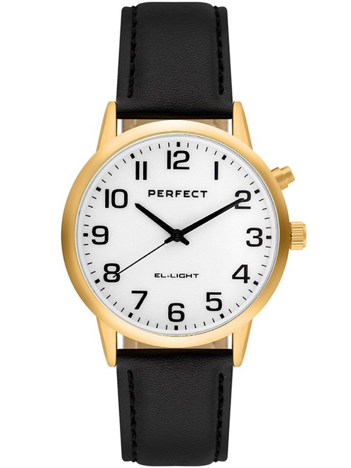 PERFECT PÁNSKÝ PÁSEK EL001W-04 ZLATÝ KRYT, BÍLÝ ČÍSELNÍK, ČERNÝ PÁSEK, ILLUMINATOR