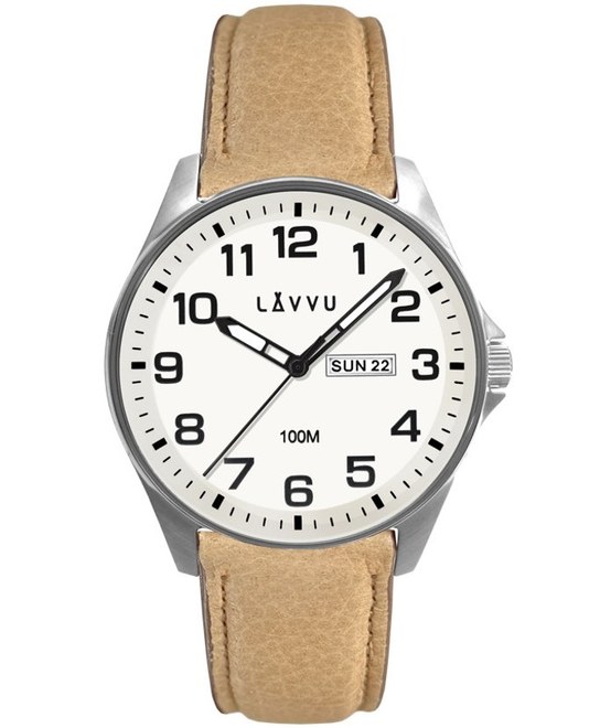 LAVVU Ocelové pánské hodinky BERGEN White / Top Grain Leather se svítícím číselníkem