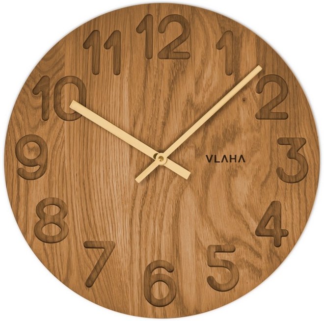 VLAHA Dřevěné hodiny OAK vyrobené v Čechách se zlatými ručkami ⌀34cm