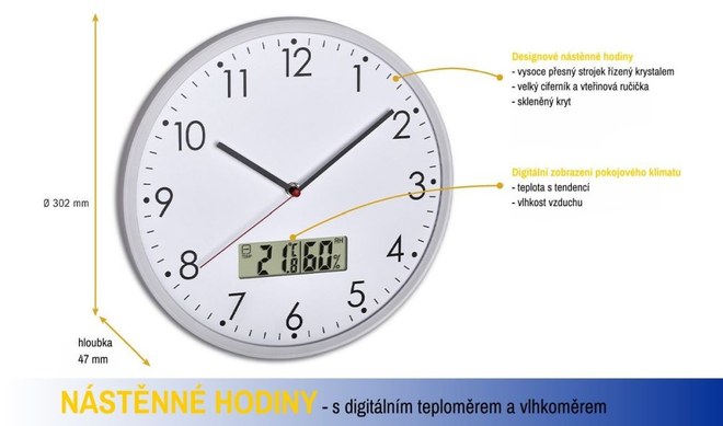 Analogové nástěnné hodiny s digitálním teploměrem a vlhkoměrem TFA 60.3048.02