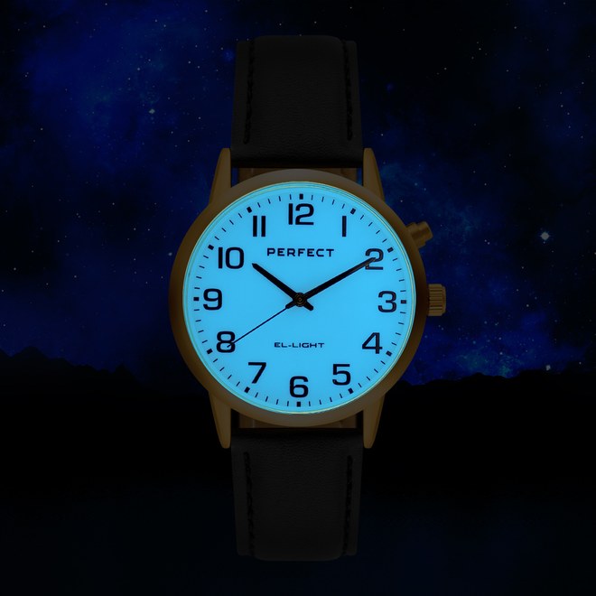 PERFECT PÁNSKÝ PÁSEK EL001W-04 ZLATÝ KRYT, BÍLÝ ČÍSELNÍK, ČERNÝ PÁSEK, ILLUMINATOR