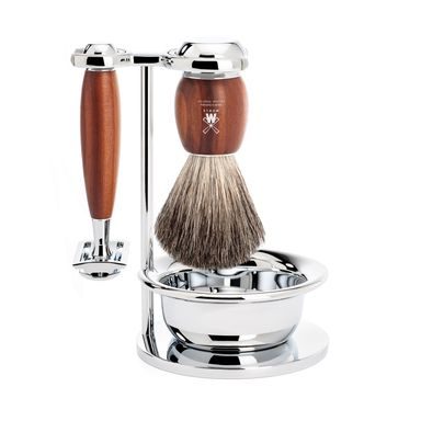 Set da rasatura Mühle VIVO - supporto, ciotola, rasoio a guardia aperta, pennello pure badger - legno di prugna