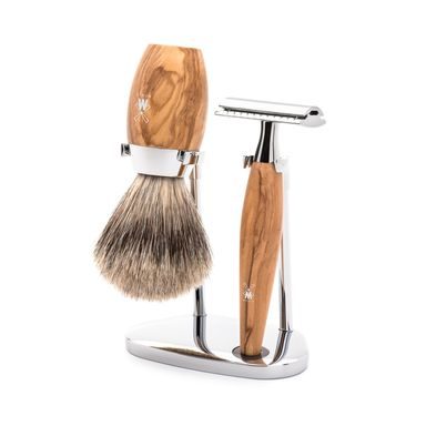 Set da rasatura Mühle KOSMO - supporto, rasoio a guardia aperta, pennello fine badger - legno d'ulivo