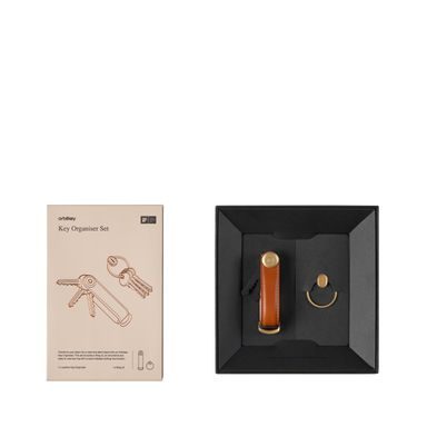Set regalo con portachiavi Orbitkey 2.0 in pelle (Cognac with Tan Stitching and Yellow Gold Hardware) + Ring V2 Yellow Gold