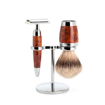 Set da rasatura Mühle STYLO - supporto, rasoio a guardia chiusa, pennello silvertip badger - ginepro articolato