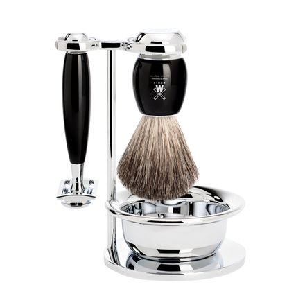 Set da rasatura Mühle VIVO - supporto, ciotola, rasoio a guardia chiusa, pennello pure badger - resina nera