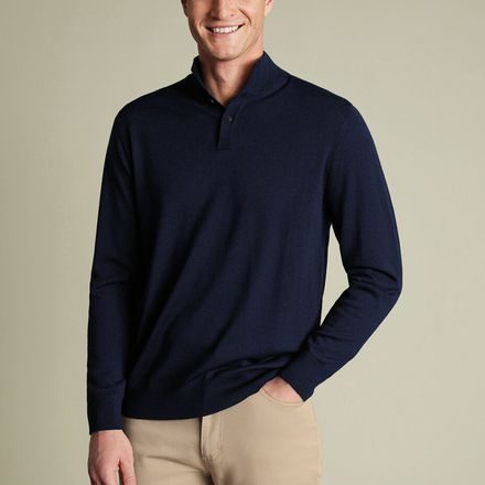 Charles Tyrwhitt Pure Merino Button Neck Jumper — Navy