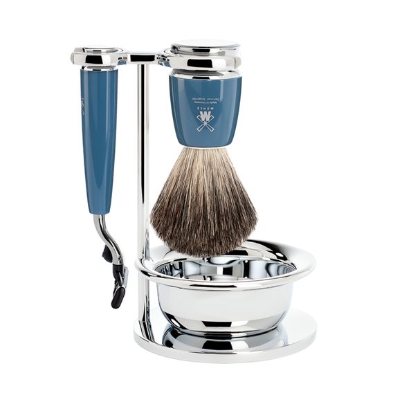 Set da rasatura Mühle RYTMO - supporto, ciotola, rasoio con testina Mach 3, pennello pure badger - resina blu