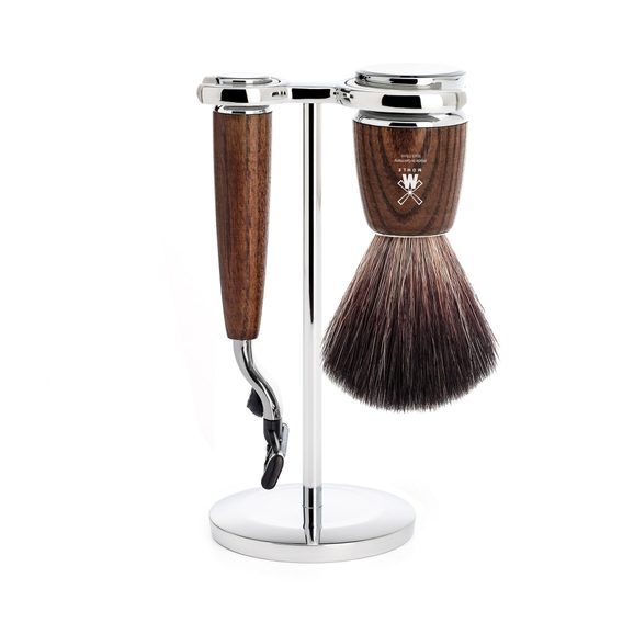 Set da rasatura Mühle RYTMO - supporto, rasoio con testina Mach 3, pennello Black Fibre - frassino