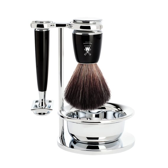 Set da rasatura Mühle RYTMO - supporto, ciotola, rasoio a guardia chiusa, pennello Black Fibre - resina nera