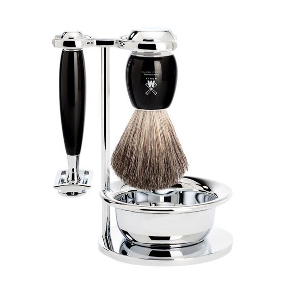 Set da rasatura Mühle VIVO - supporto, ciotola, rasoio a guardia chiusa, pennello pure badger - resina nera