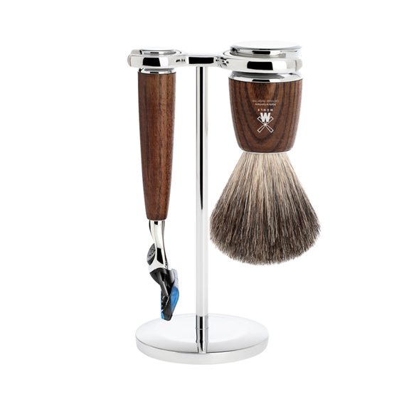 Set da rasatura Mühle RYTMO - supporto, rasoio con testina Fusion, pennello pure badger - frassino trattato al vapore