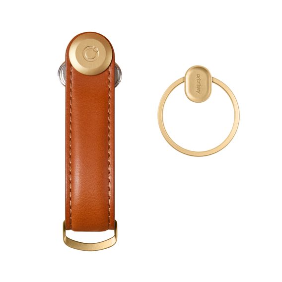 Set regalo con portachiavi Orbitkey 2.0 in pelle (Cognac with Tan Stitching and Yellow Gold Hardware) + Ring V2 Yellow Gold