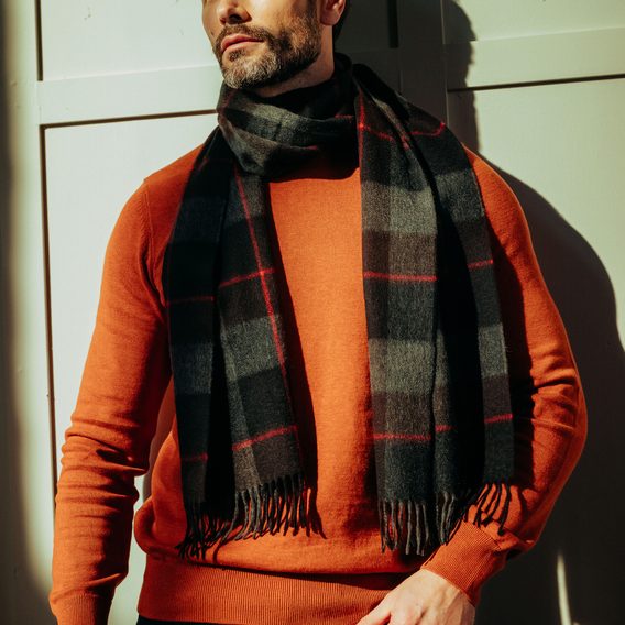 Joshua Ellis Classic Plaid Ripple Cashmere Scarf — Black x Chocolate x Grey x Red
