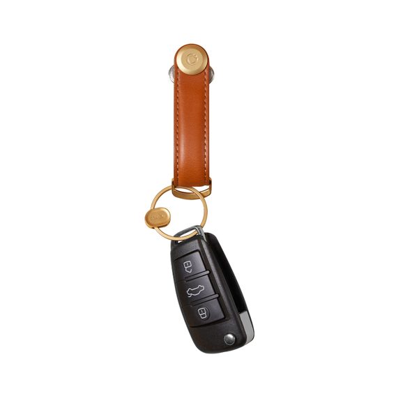 Set regalo con portachiavi Orbitkey 2.0 in pelle (Cognac with Tan Stitching and Yellow Gold Hardware) + Ring V2 Yellow Gold