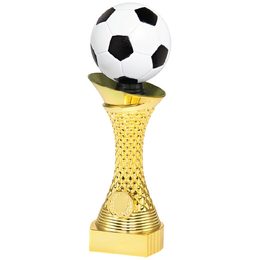 Gold Soccer Trophy with 3D Black and White Ball on a Black Plastic Base